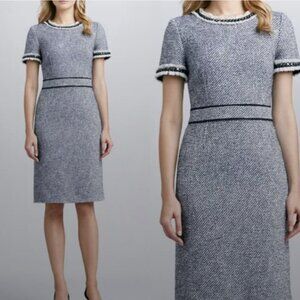 Tory Burch Rosemary Metallic Tweed Dress Jewels Fringe Navy White Old Money Sz8